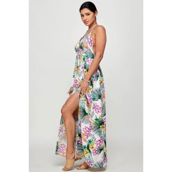 Purple Tropical Floral Palm Vacation Cruise Summer Sexy Slit Maxi Halter Dress - Picture 4 of 5